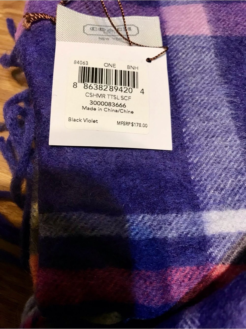 Coach Black Violet 100% Cashmere Scarf NWT In Bag 70”L X 12”W $178 MSRP - Picture 7 of 7